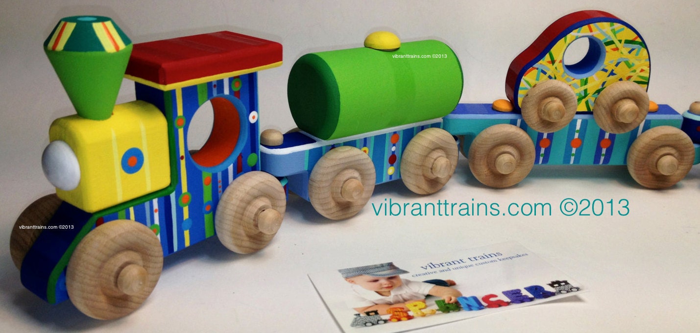 FIVE CAR Chunky Wood Toy Train custom made and hand painted personalized keepsake gift for children of all ages