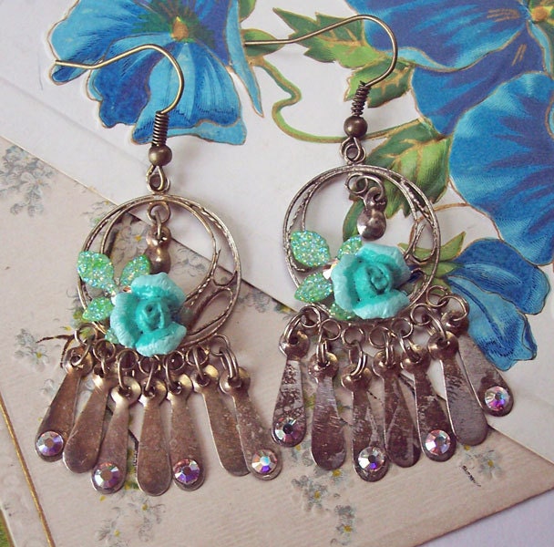Whispering Sea - Porcelain Aqua Roses - Swarovski Crystal Earrings