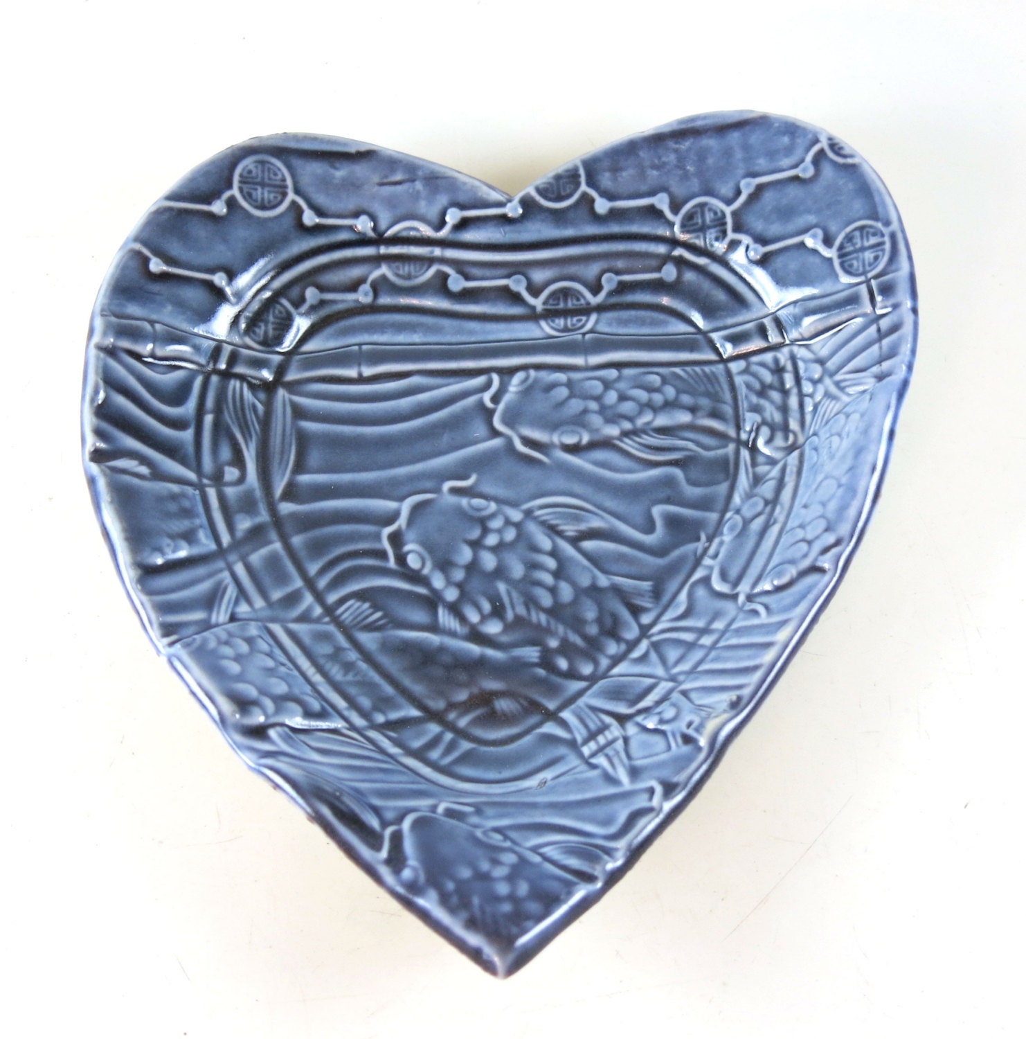 Pottery Heart Ring Dish - Monaco Blue Porcelain - Koi - 847