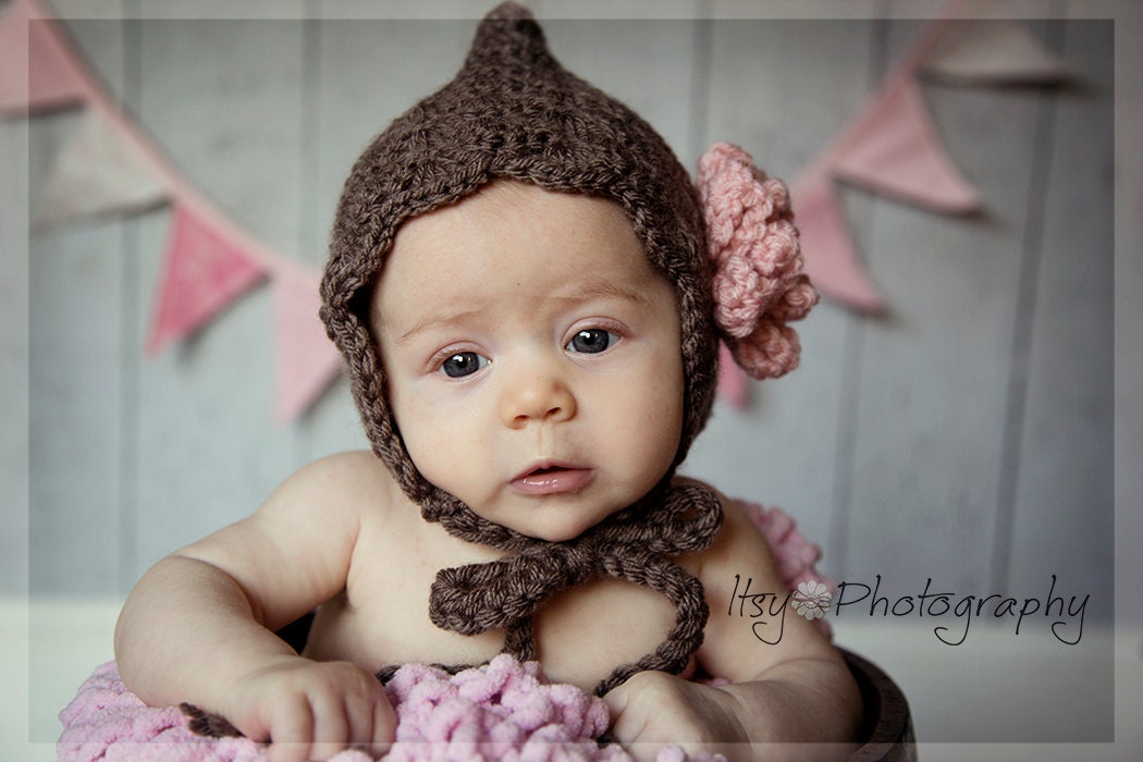 Baby Bonnet, Baby Pixie Bonnet, Crochet Baby Bonnet, Flower Bonnet