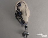 ALICE IN WONDERLAND - wire wrapped black blue and silver ear cuff with a mushroom charm
