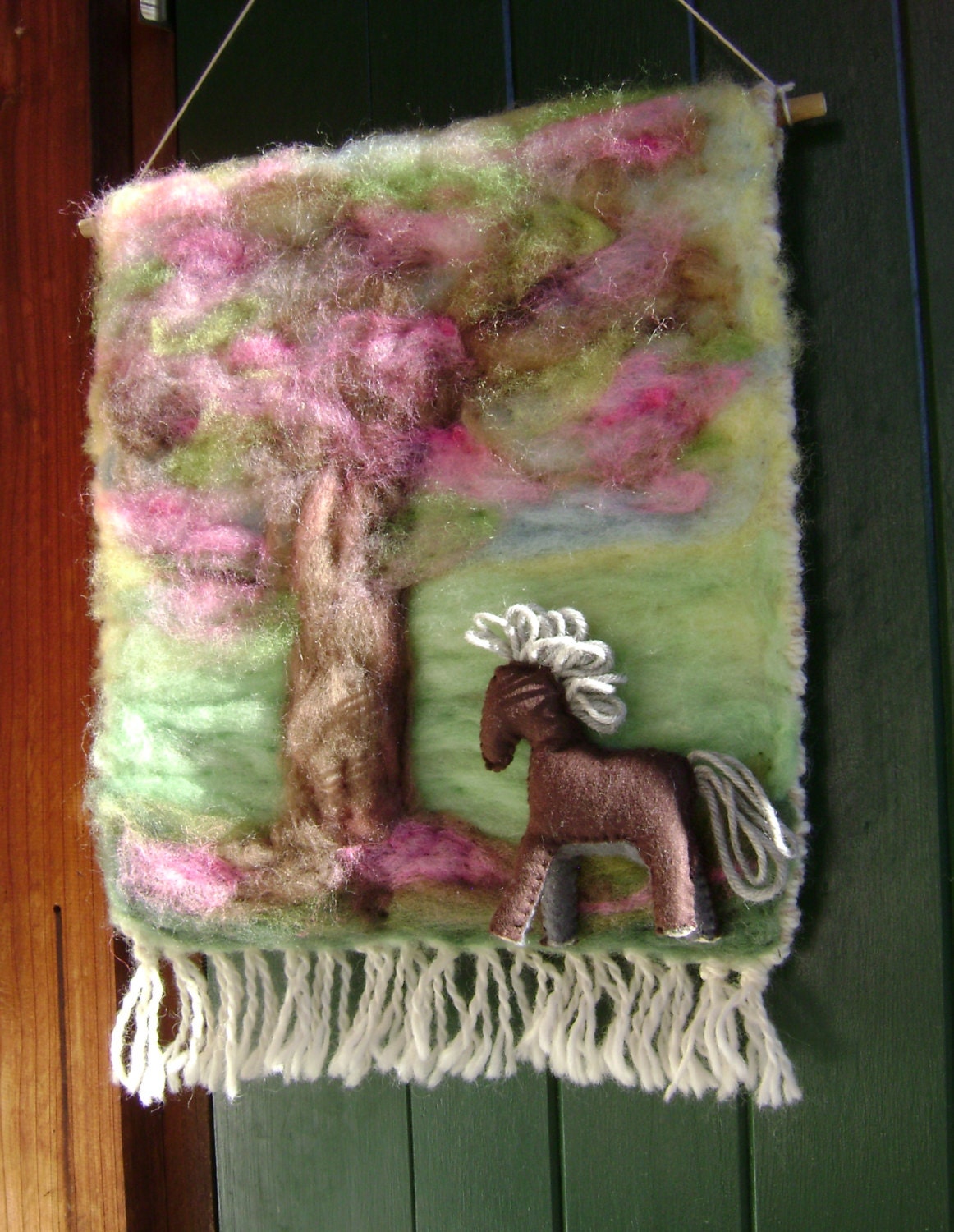 Beautiful Wool Spring  Wall Hanging  -  Needle felted in pure  wool - Woll felt pony