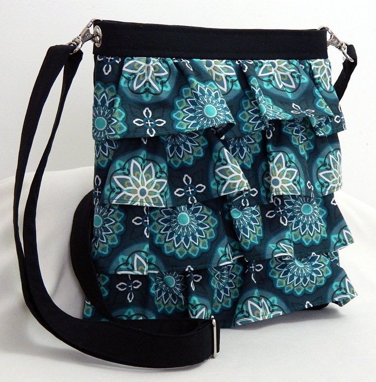 Hip Bag Purse Ruffle Adjustable Crossbody Dark Jade Medallion on Black