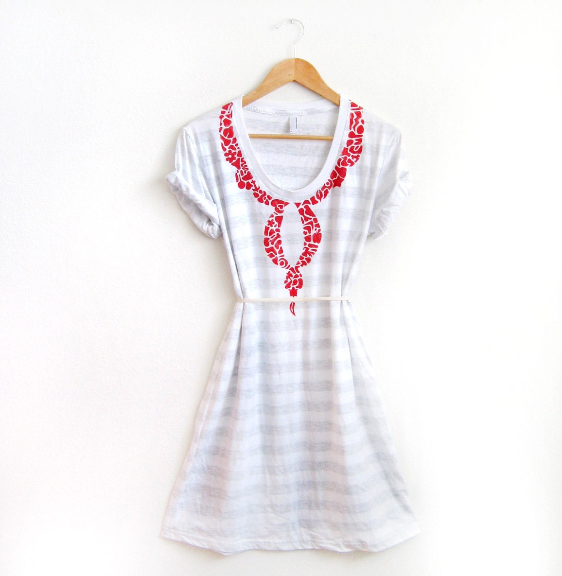 Eclectic Collage Hand STENCILED Necklace Scoop Neck Tee Dress in Cherry Red and White - XS S M L XL