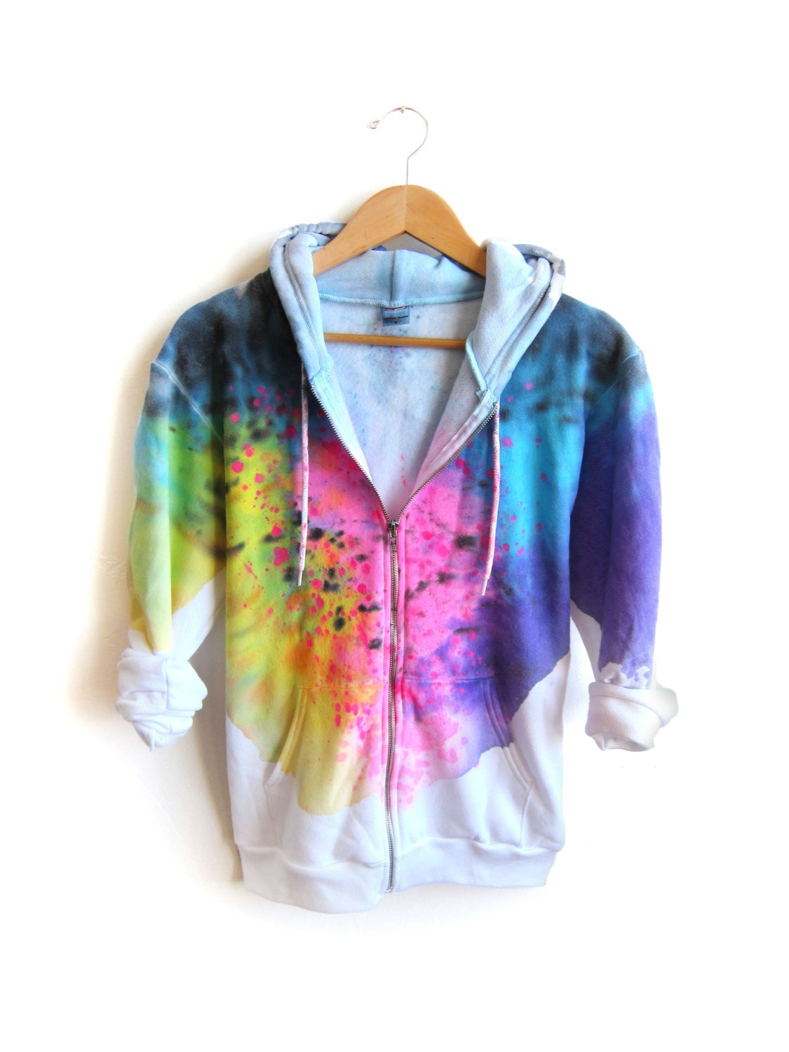 The Original "Splash Dyed" Hand PAINTED Fleece Pocket Zip Hoodie Sweatshirt in White Spectrum Rainbow - XS S M L XL 2XL 3XL