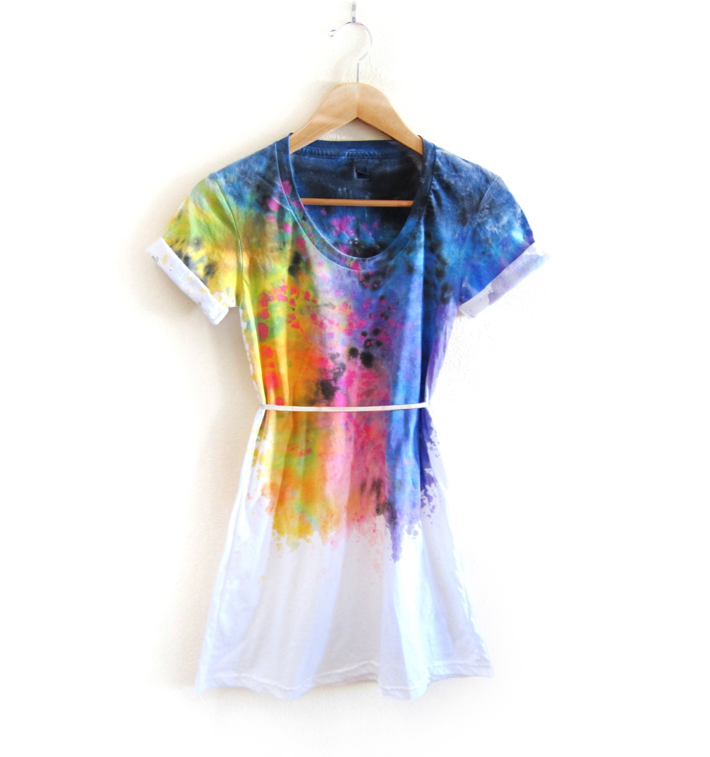 The Original "Splash Dyed" Hand PAINTED Scoop Neck Pinned Rolled Cuffs Tunic Tee Dress in White Spectrum Rainbow - XS S M L XL