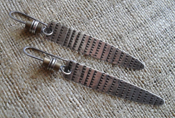 Sterling Silver Earrings, Sterling Dangle Earrings, Modern Urban Rustic Ethnic Tribal Spear, Textured Mixed Metal Metalsmith Earrings