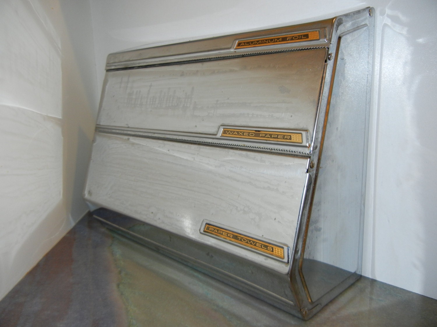 Kitchen organizer, holds paper towels, wax paper, and foil, space saver, stainless steel organizer, mid century, Vacation SALE