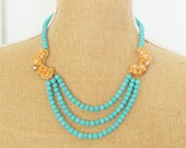 Turquoise and Tangerine Statement Necklace - Triple Strand Turquoise Howlite Beads Vintage Orange Enamel Pearl Flower Wedding Bridal