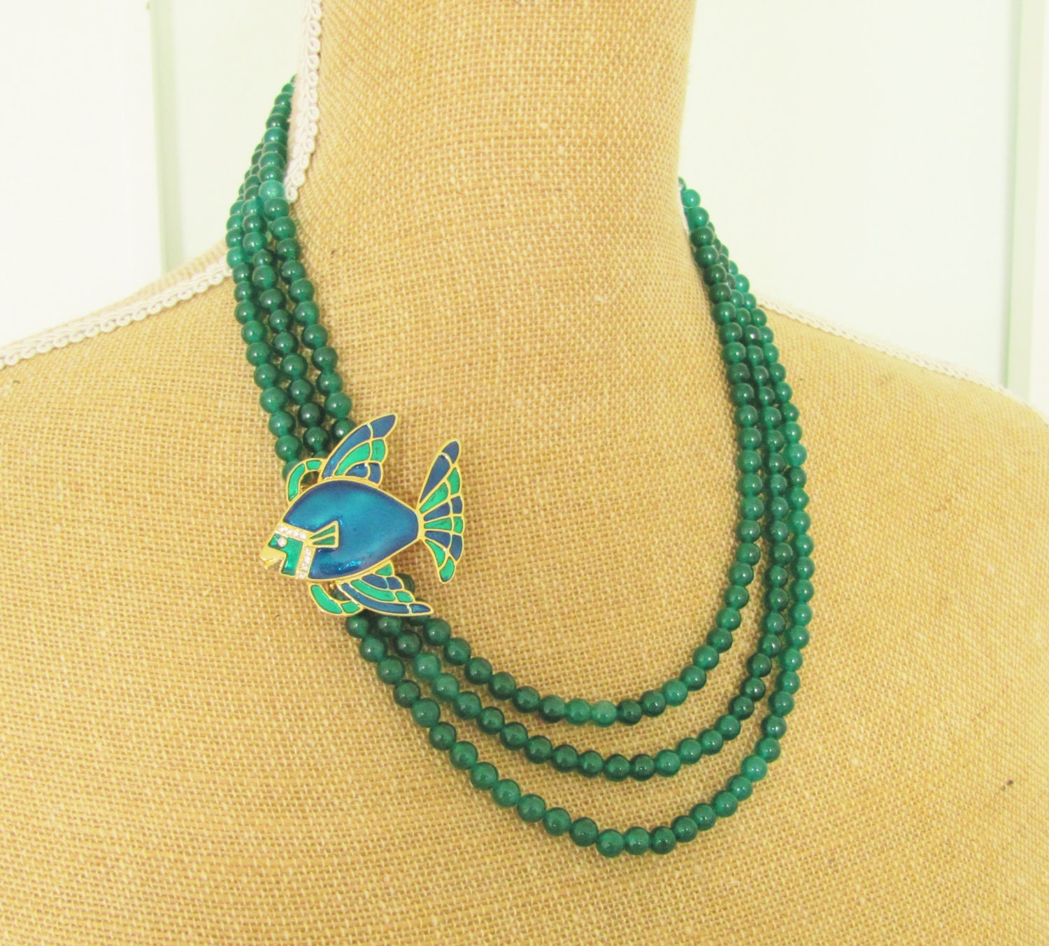 Emerald Green Tropical Fish Multi Strand Statement Necklace Vintage Cobalt Blue Green Fish Asymmetrical Jade Beaded Necklace OOAK