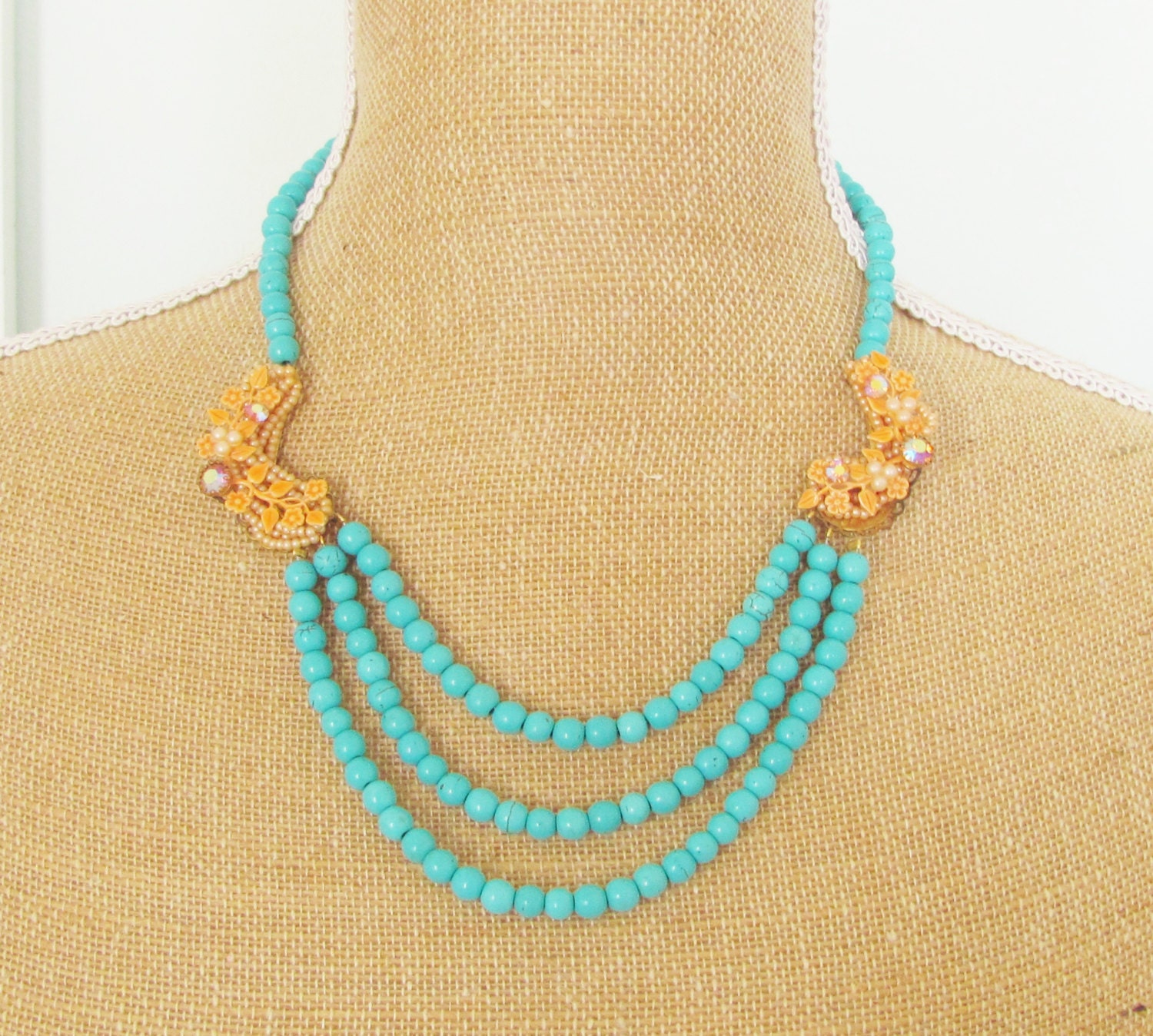 Turquoise and Tangerine Statement Necklace - Triple Strand Turquoise Howlite Beads Vintage Orange Enamel Pearl Flower Wedding Bridal