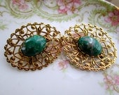 Vintage Green Confetti glass Hair Barrettes Clips Brass filligree