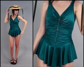 Vintage 70s Teal Ruched Bathing Suit Skirted Onsie Swimsuit  (M-L)