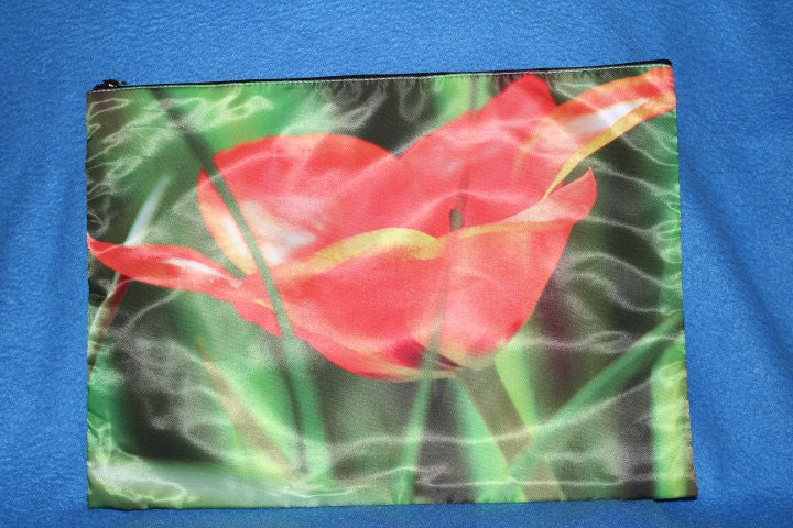 Orange Tulip Flower Pouch or Cosmetic Bag  - XXL 13 x 9.5 inches Featuring two Orange Tulip Flower  Photos