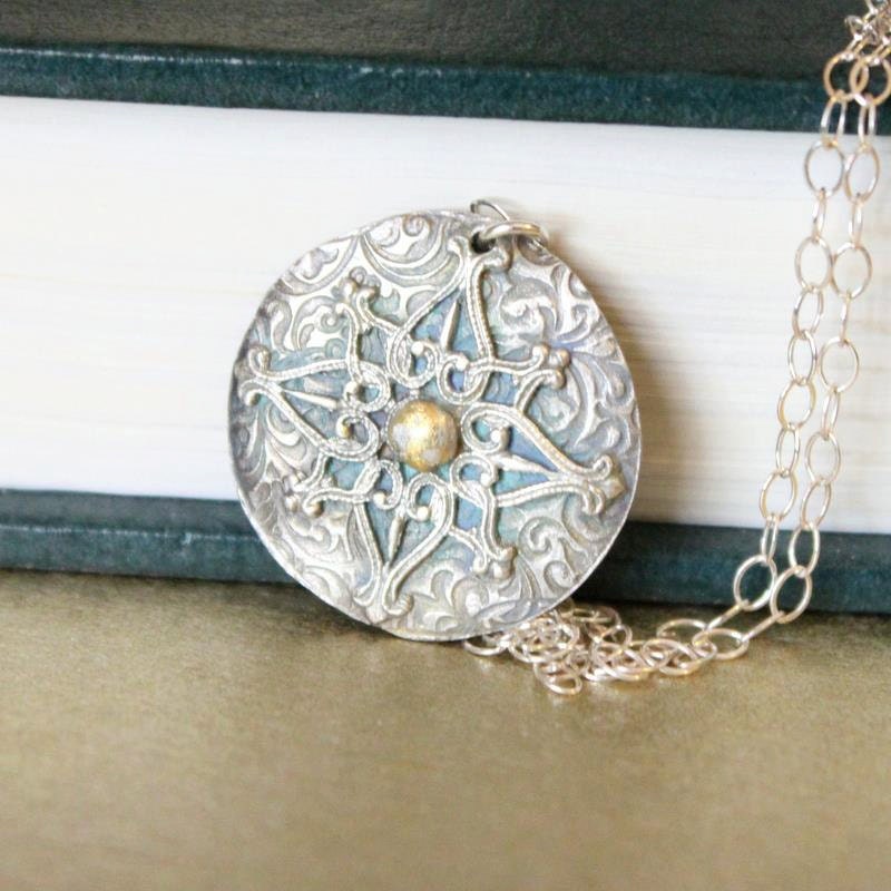 Forgotten Compass--Precious Metal Clay Antiqued Patina Fine Silver Pendant with Sterling Silver Chain