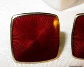 Antique Guilloche Red Enamel Earrings Goldtone Norway Opro Pierced Gold over Sterling
