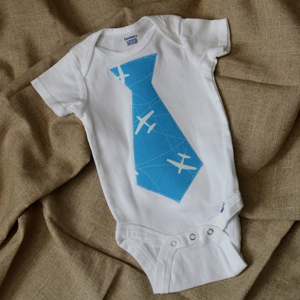 Necktie Onesie - Teal and White Airplanes (12 Months)