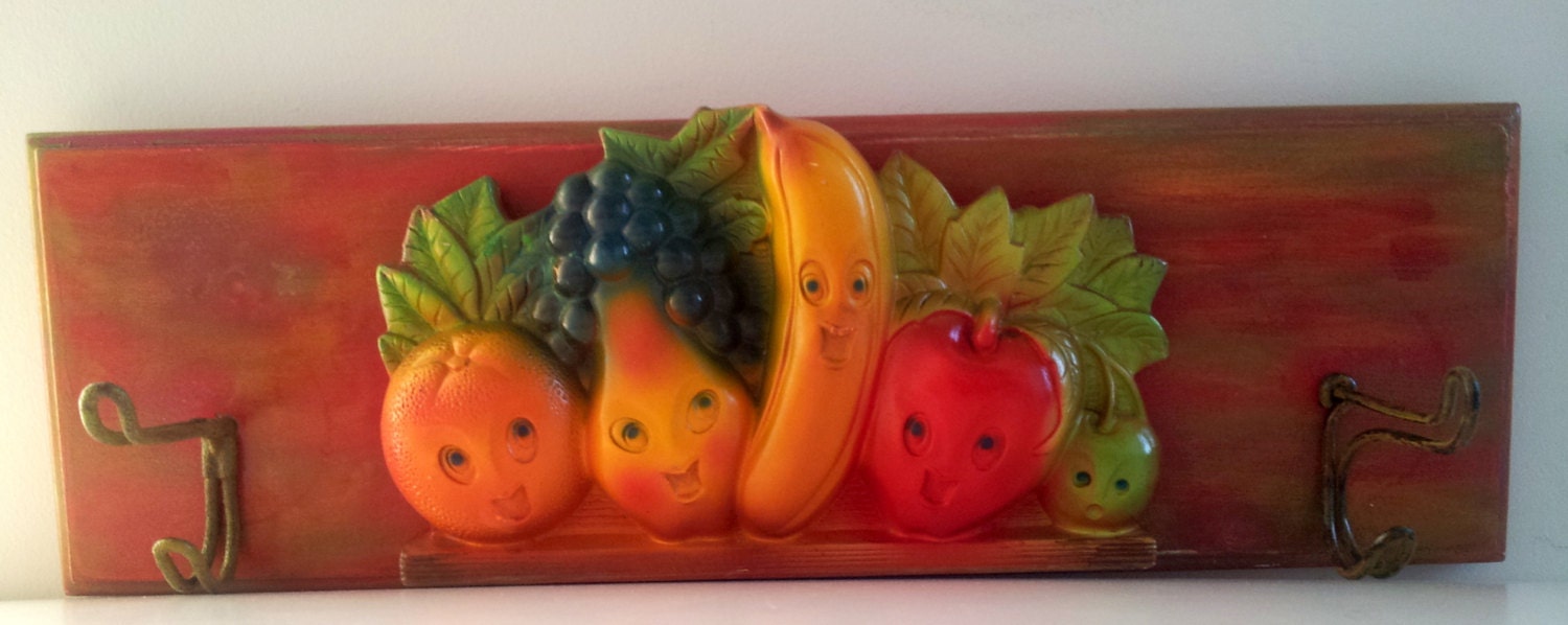 Recycled handmade chalk ware fruit wall hook organization wood red yellow apple pear banana