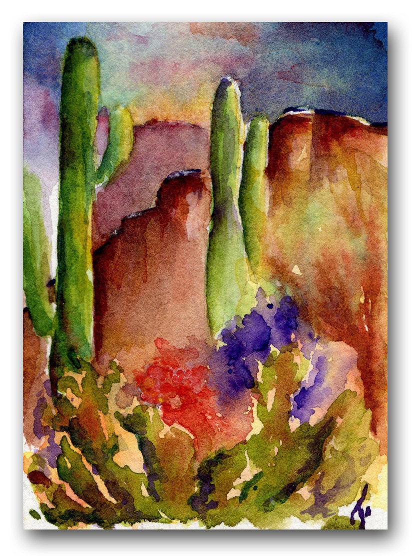 ACEO original watercolor, Az Desert, green, orange, purple, red, natural,  FREE shipping U.S.A.