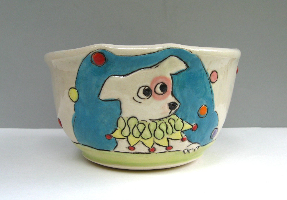 Dog Cereal Bowl With Circus Dog, Turquoise Blue, Colorful