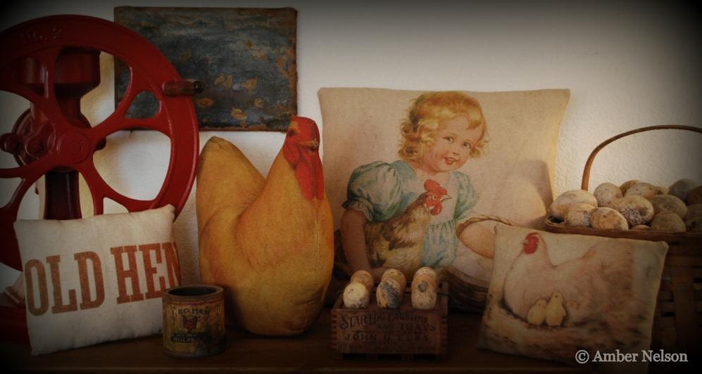 Early Primitive Country Farmhouse Yellow Vintage Chicken Hen Farm Barn Eggs Basket Pillow