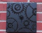 SALE - Black Steampunk Gears Leatherette Art with clock mechanism - 8 in. square - Gift for Teacher, Mechanic, Engineer, Bicycle Enthusiast
