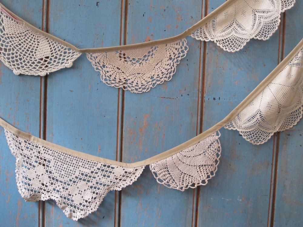 Vintage Doily Bunting. Crochet Vintage doilies in Beige/Pink.