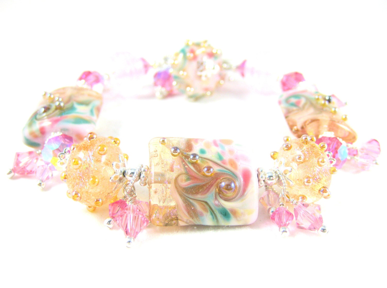Light Pink Lampwork Bracelet, Pink Teal Glass Bead Bracelet, Pastel Beadwork Bracelet, Spring Bracelet, Crystal Bracelet - Heavenly
