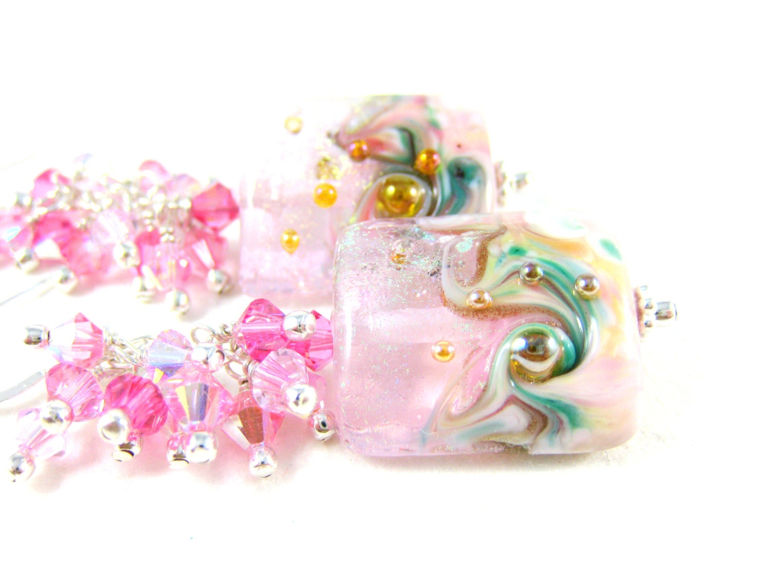 Pink Teal Mint Lampwork Earrings, Light Pink Crystal Cluster Earrings, Pastel Pink Glass Earrings, Spring Beadwork Earrings - Heavenly Too