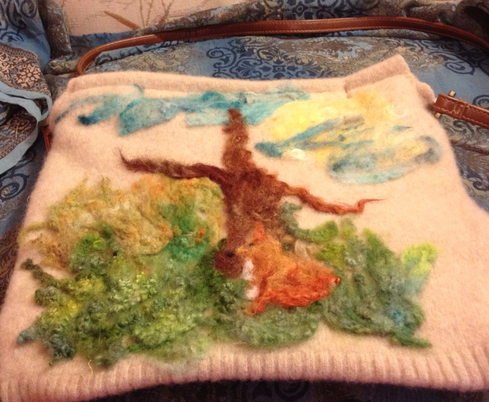 Felted Beige Cashmere Purse with Fox Scene