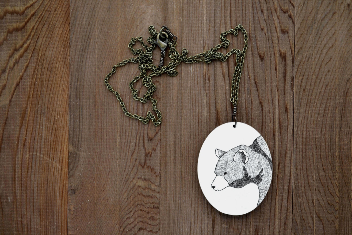 Spring Bear Necklace in Graphite - Hand Drawn Animal Portrait Pendant