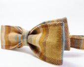 Mens Skinny Bow Tie -  Vintage Fabric, Mustard Yello/Burnt Orange/Blue/Brown Plaid