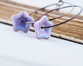Lavender Purple Czech Glass Iridescent Flowers Suspended on Handmade Hoops - Meadow Hoop Earrings