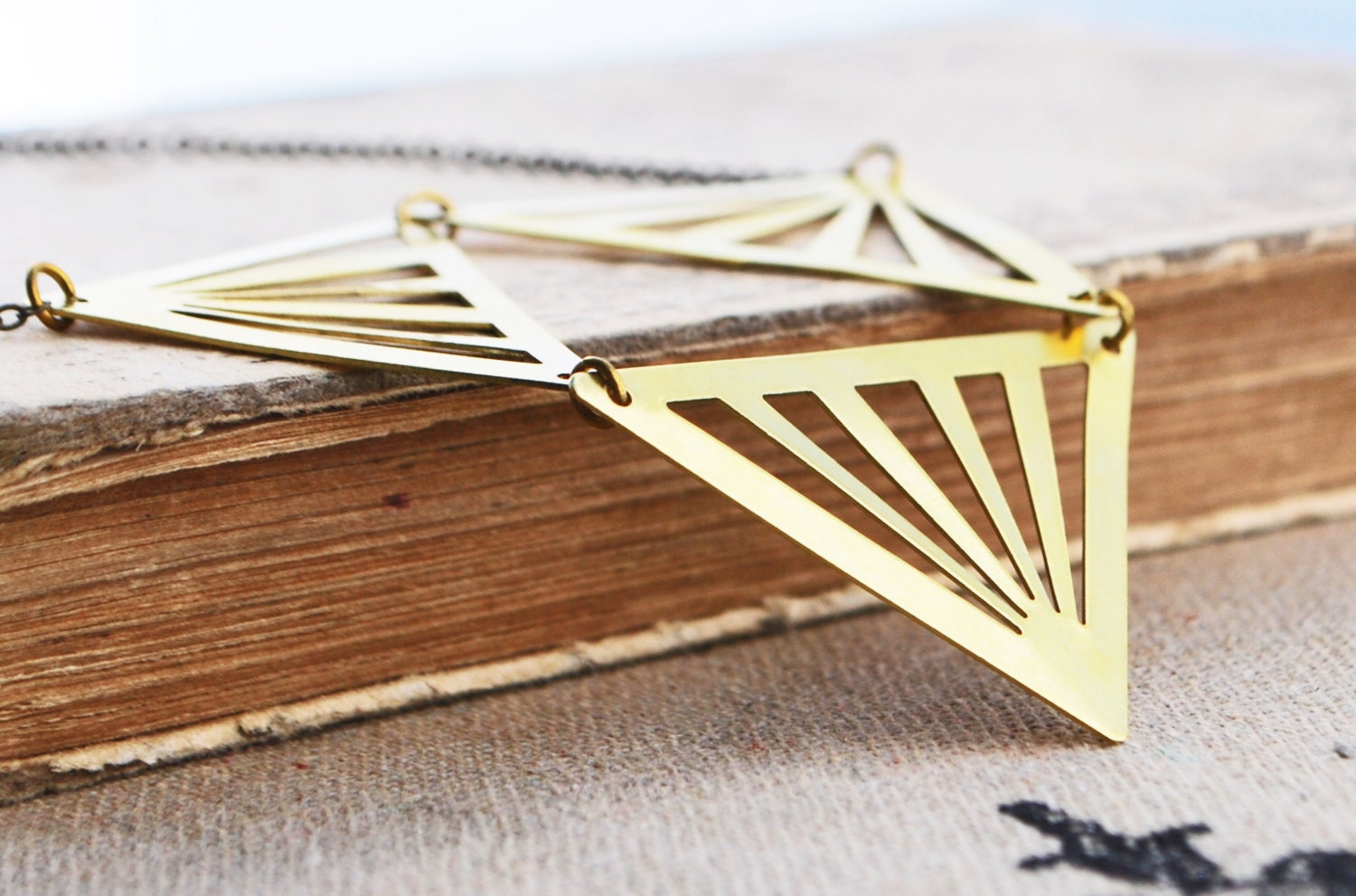 Bright Brass Triangle Trio Statement Necklace on Antiqued Brass Chain - Brass Sunset