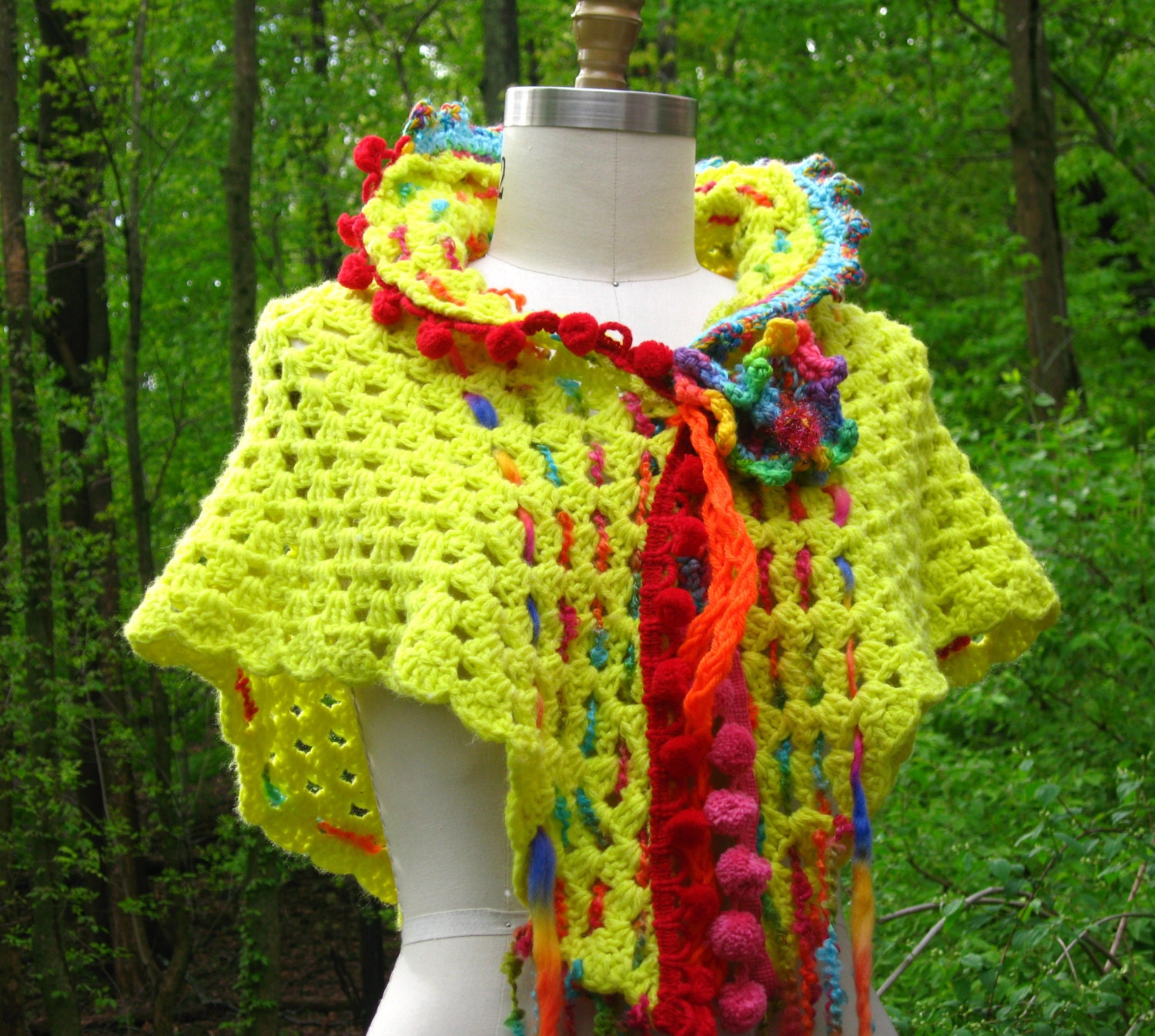 Colorful triangular Capelet/ Stole/ Shrug with pom pons fringes and crochet flower