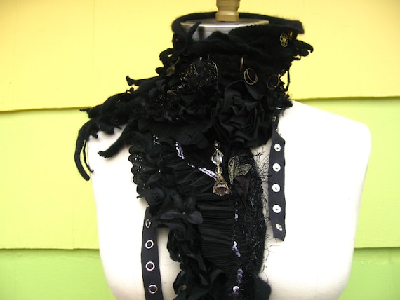 Rugged distressed cashmere  SCARF/ SHAWL/Wrap with a lot  of textures. Goth Lolita.