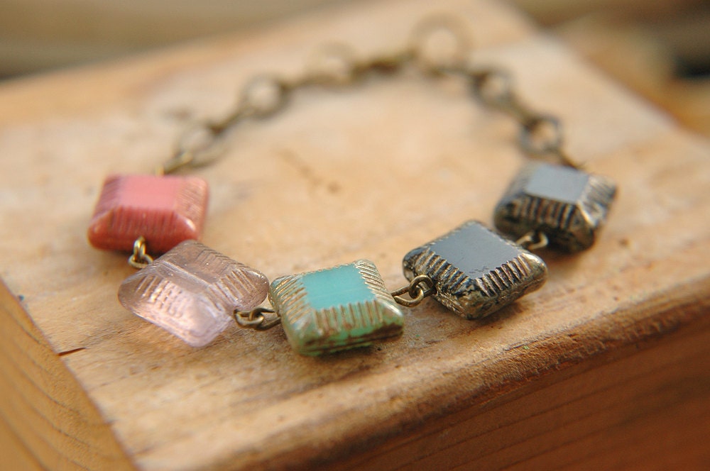 Multi Colored Etched Czech Glass Square Beaded Bracelet -  Retro.