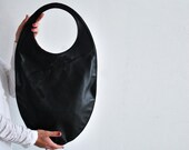 Black large leather tote handbag, large clutch, oval bag, black and white handbag, double color bag