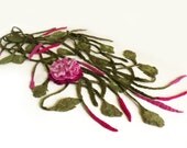 Felt scarf. Felt lariat necklace. Felt belt. 3D freeform felt peony flower brooch. Raspberry pink green