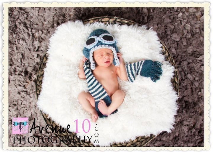 Stella Bs Aviator Set, Newborn Crochet Hat, Diaper Cover, and Scarf, Photo Prop, SHIPS FREE in US