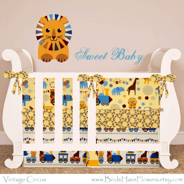 Custom baby boy bedding in Vintage Circus        includes bumper set , fitted sheet and crib skirt