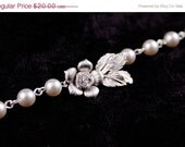 ON SALE Wedding Jewelry Callie Silver Flower and Leaf Pearl Bracelet