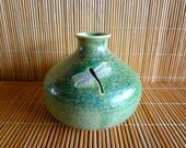Cute Little Handmade Green Stoneware DRAGONFLY Bottle / Bud Vase