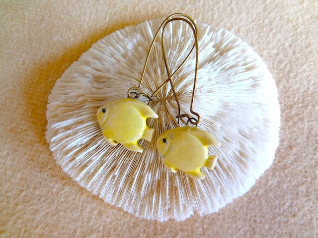 Cute Handmade Dangling Porcelain Yellow FISH Earrings