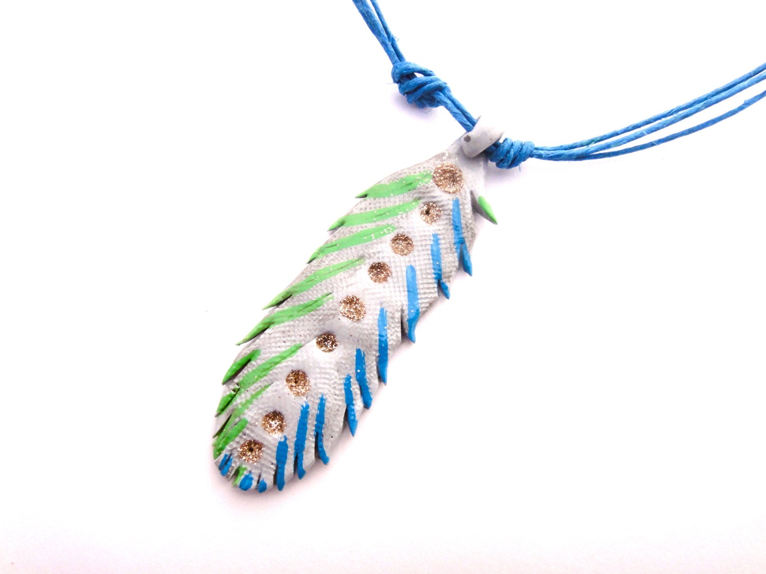 Feather necklace - blue green gray - handmade clay - tribal fantasy unique