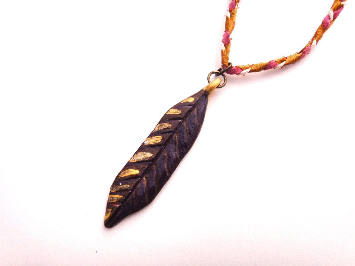 Feather necklace - royal purple gold - handmade clay - tribal fantasy unique