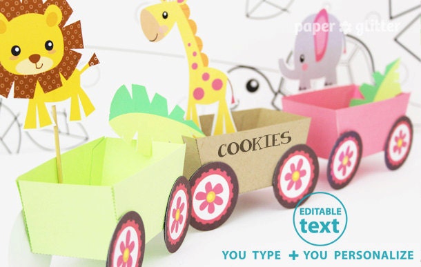 Animal Jungle Train Party Favor Box Truck Paper Craft Toy for GIRLS - Editable Text Printable PDF 0136