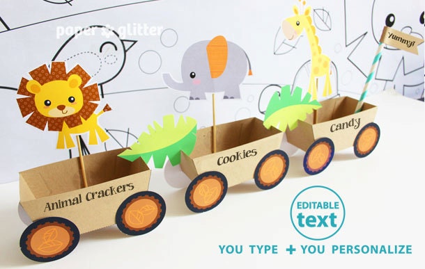 Animal Jungle Train Party Favor Box Truck Paper Craft Toy NEAUTRAL - Editable Text Printable PDF 0135