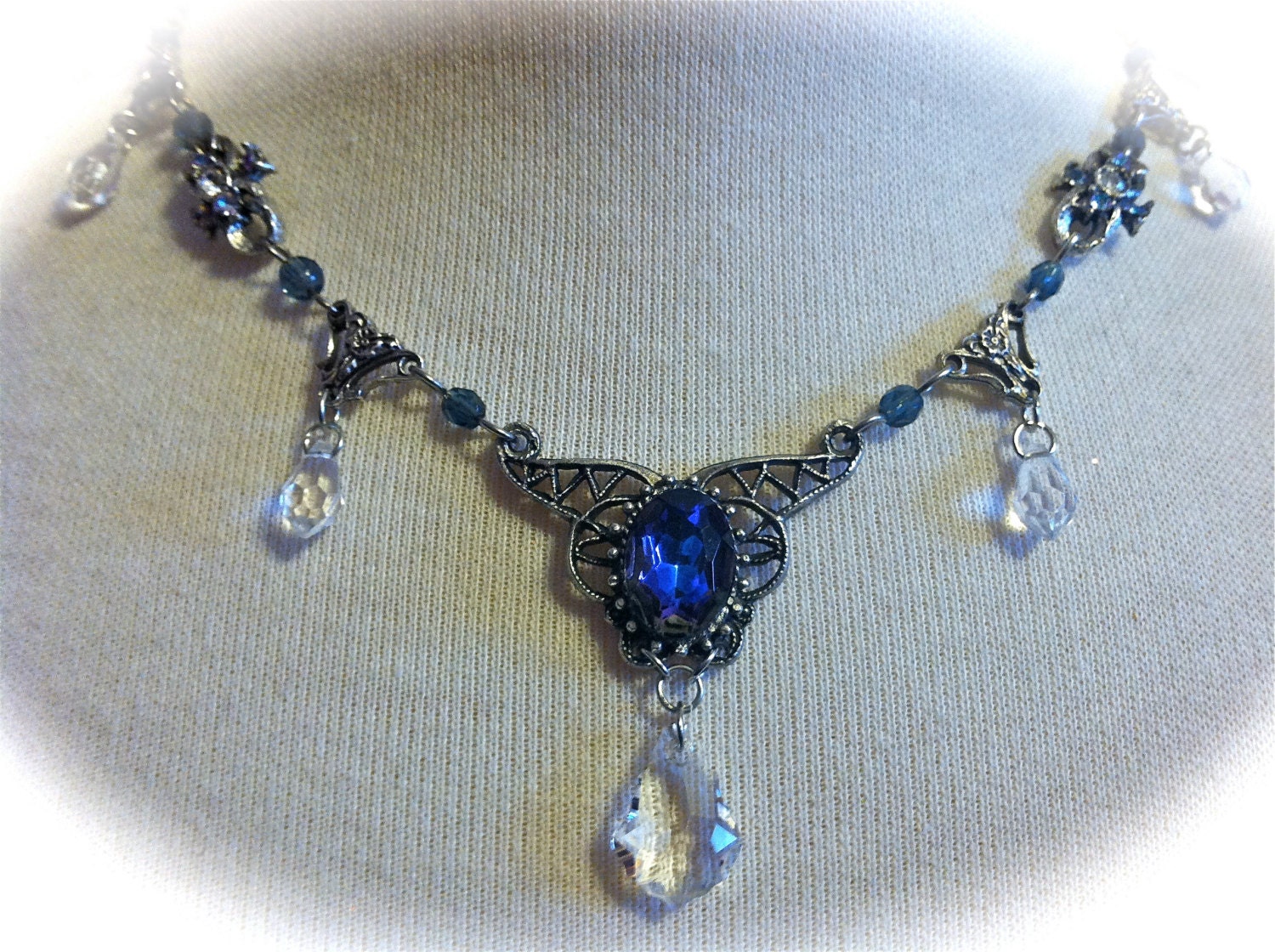Victorian Gothic Inspired Romantic Sapphire daggling Rainbow Crystal Necklace
