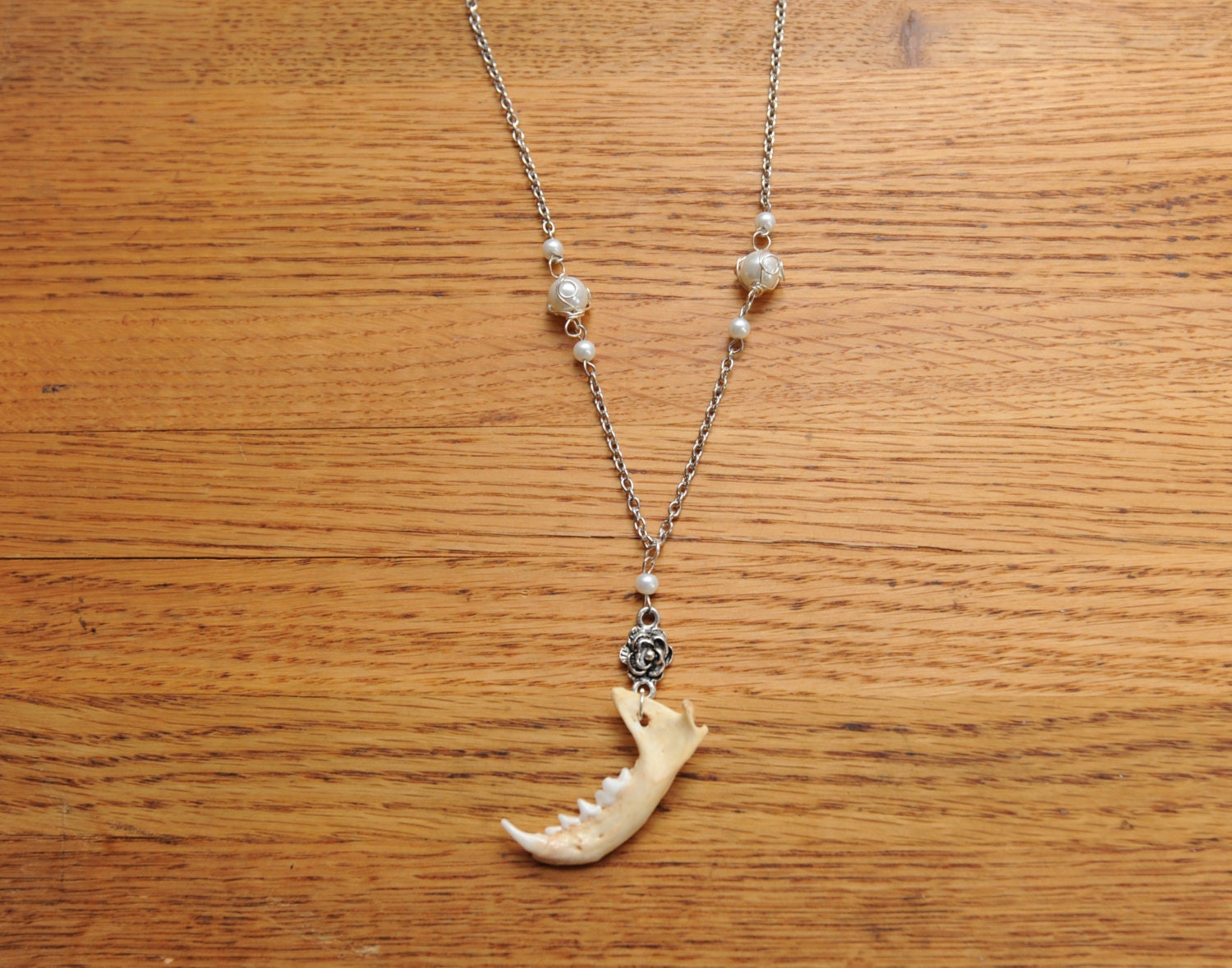 Mink Jaw Bone Pendant // Pearls // Tooth // Silver // Animal Tooth // Bone Jewelry // Bones // Recycled Roadkill // Macabre // 16 inch